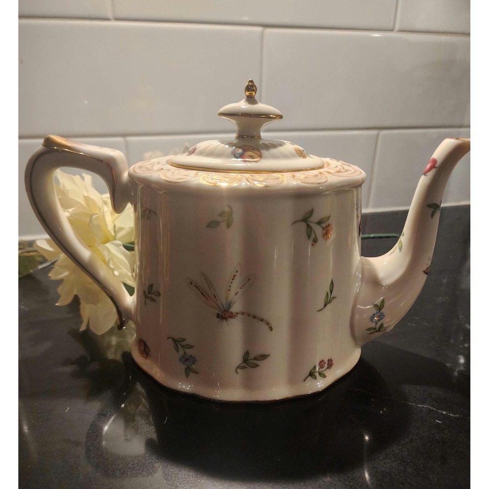 Skye McGhie Garden Whispers Porcelain Teapot Dragonfly Gold Trim Vintage 1990s